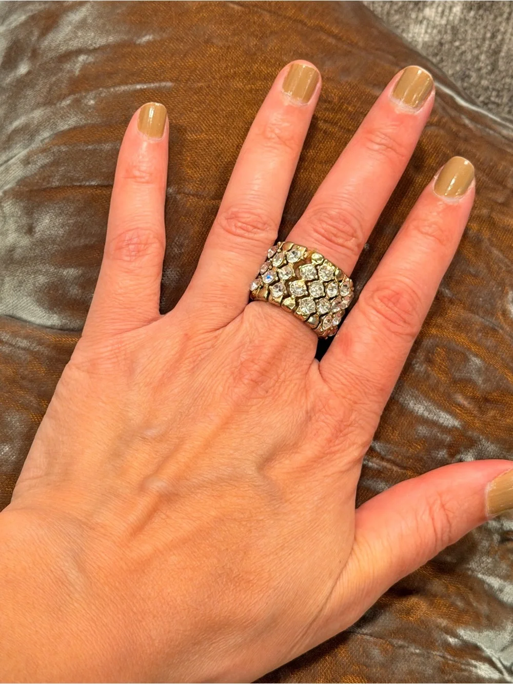 Gold Tone Clear Rhinestone Pave Statement Cocktail Ring #754